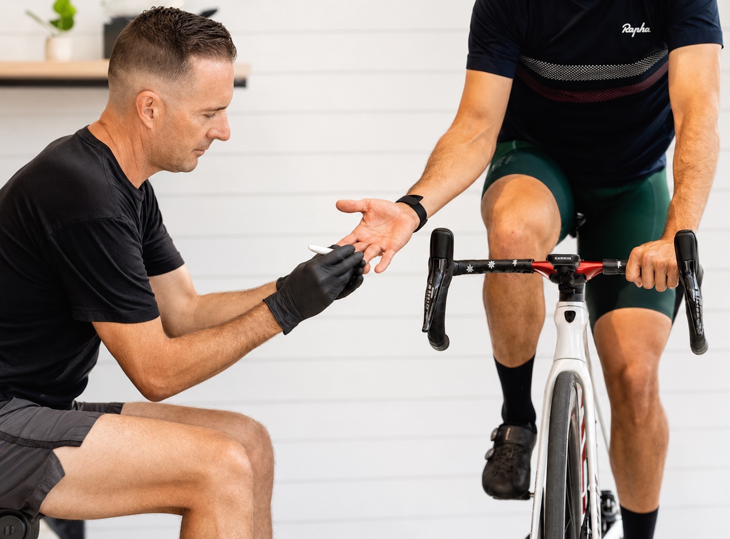 A cyclist in the Santa Monica lab during a lactate test — fuel that has to match the work